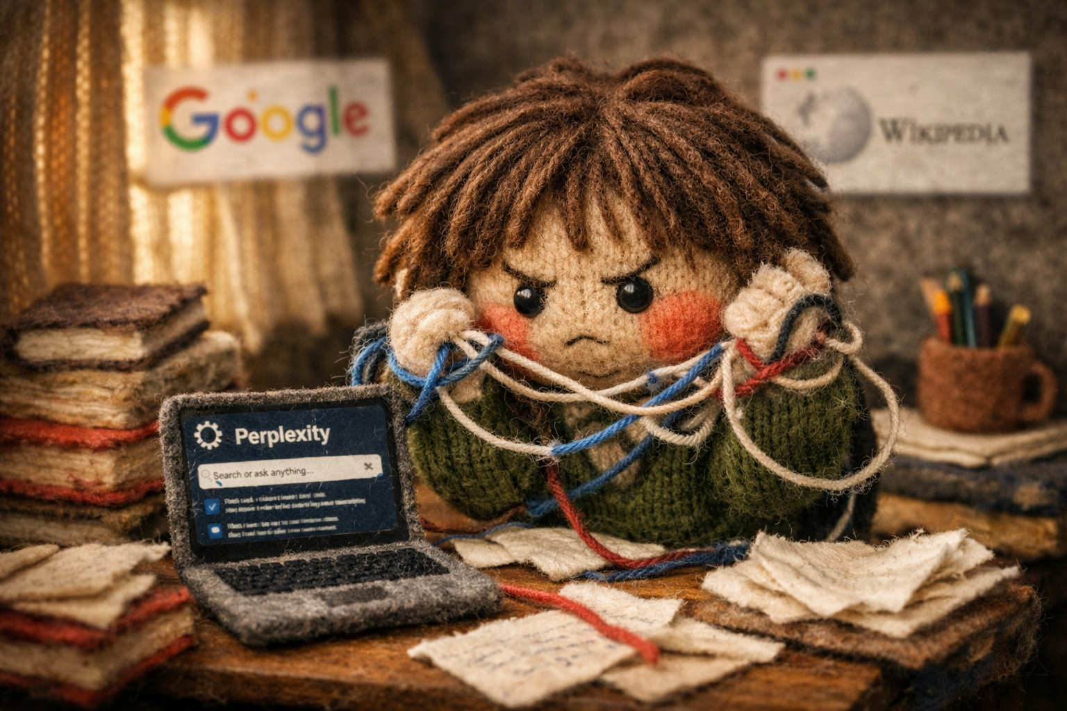 A frustrated knitted student doll struggles at a cluttered felt desk searching for reliable information.