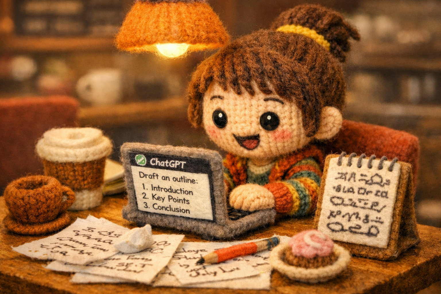 A joyful knitted student doll discovers tools for drafting with ChatGPT in a cozy felt coffee shop.