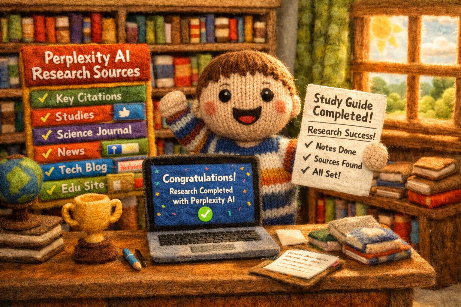 A confident knitted student doll celebrates achievement with a completed study guide in a cozy felt library.