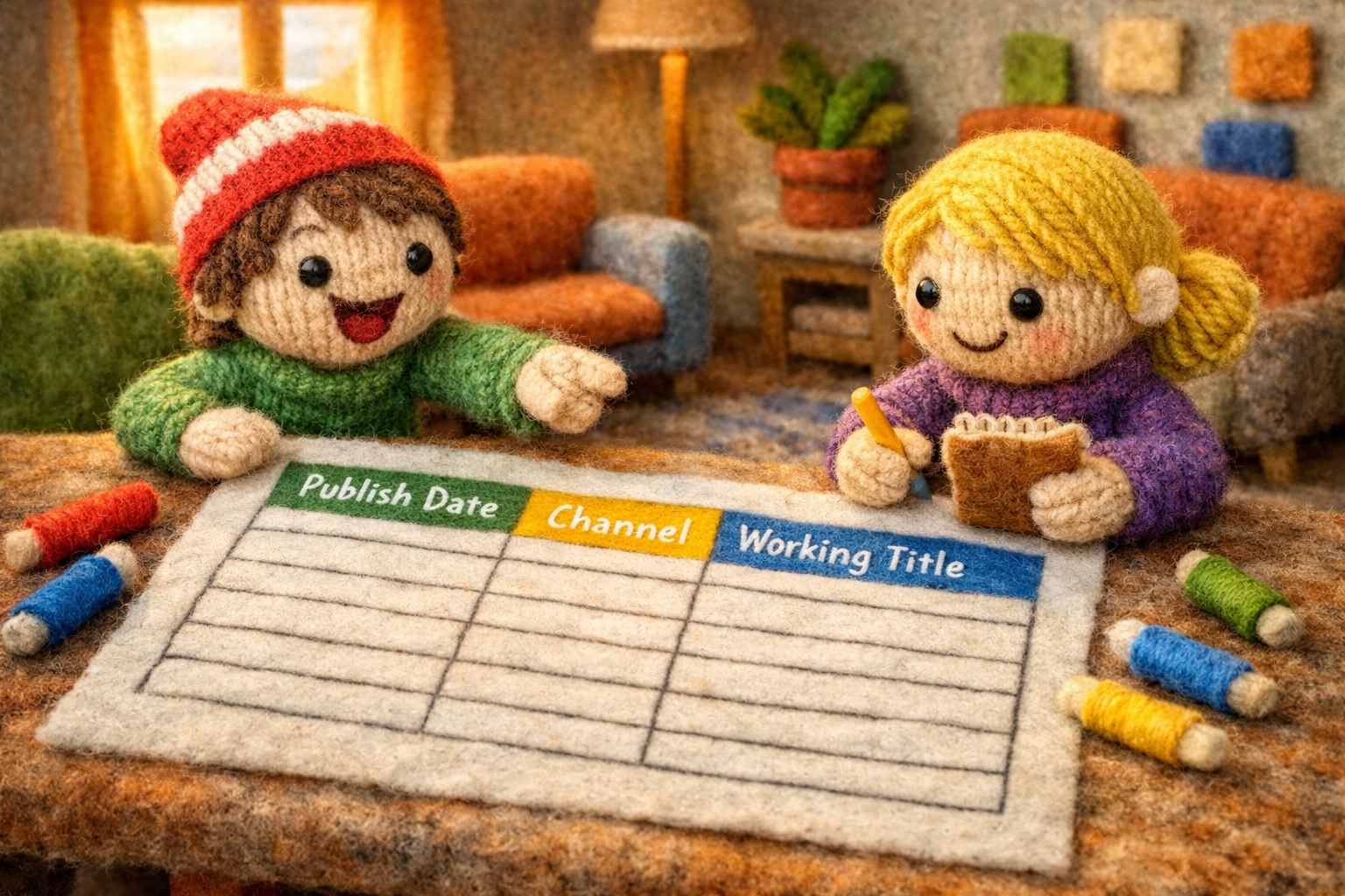 Knitted dolls collaborating over a felted Google Sheets calendar, highlighting discovery and teamwork.