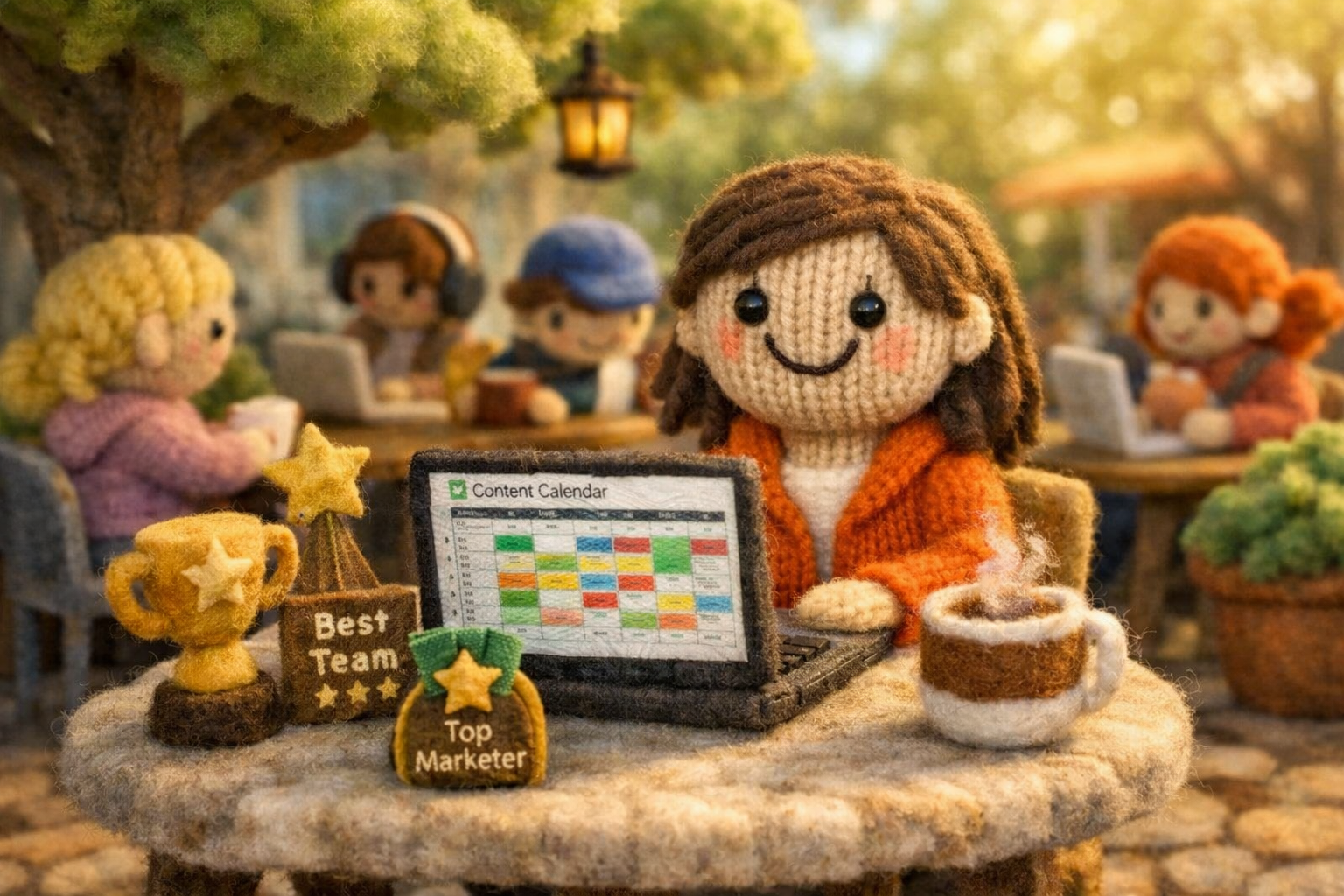 Knitted yarn doll smiling at a laptop with a content calendar, showcasing achievement and relief.