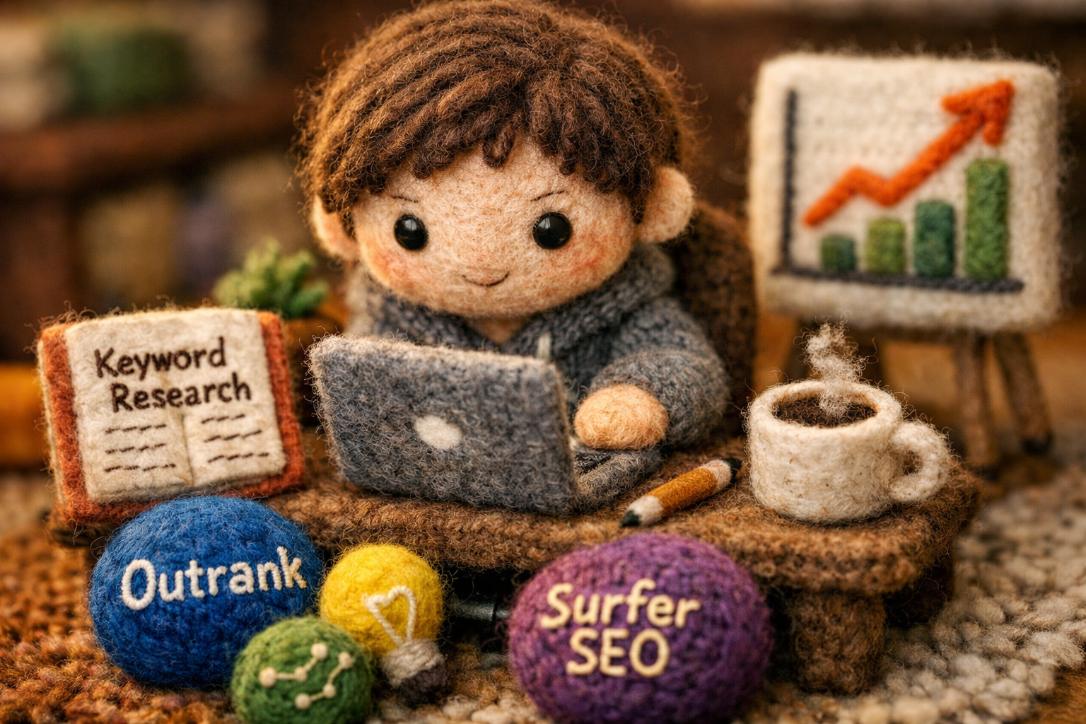 A knitted yarn doll in a cozy home office, engaging with AI SEO tools and keyword research.