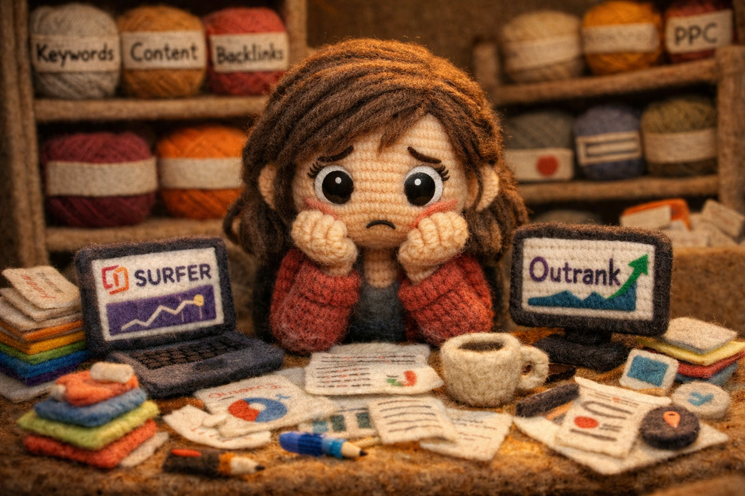 A knitted doll at a cluttered felt desk, showcasing SEO tool overwhelm through facial expression and chaotic environment.