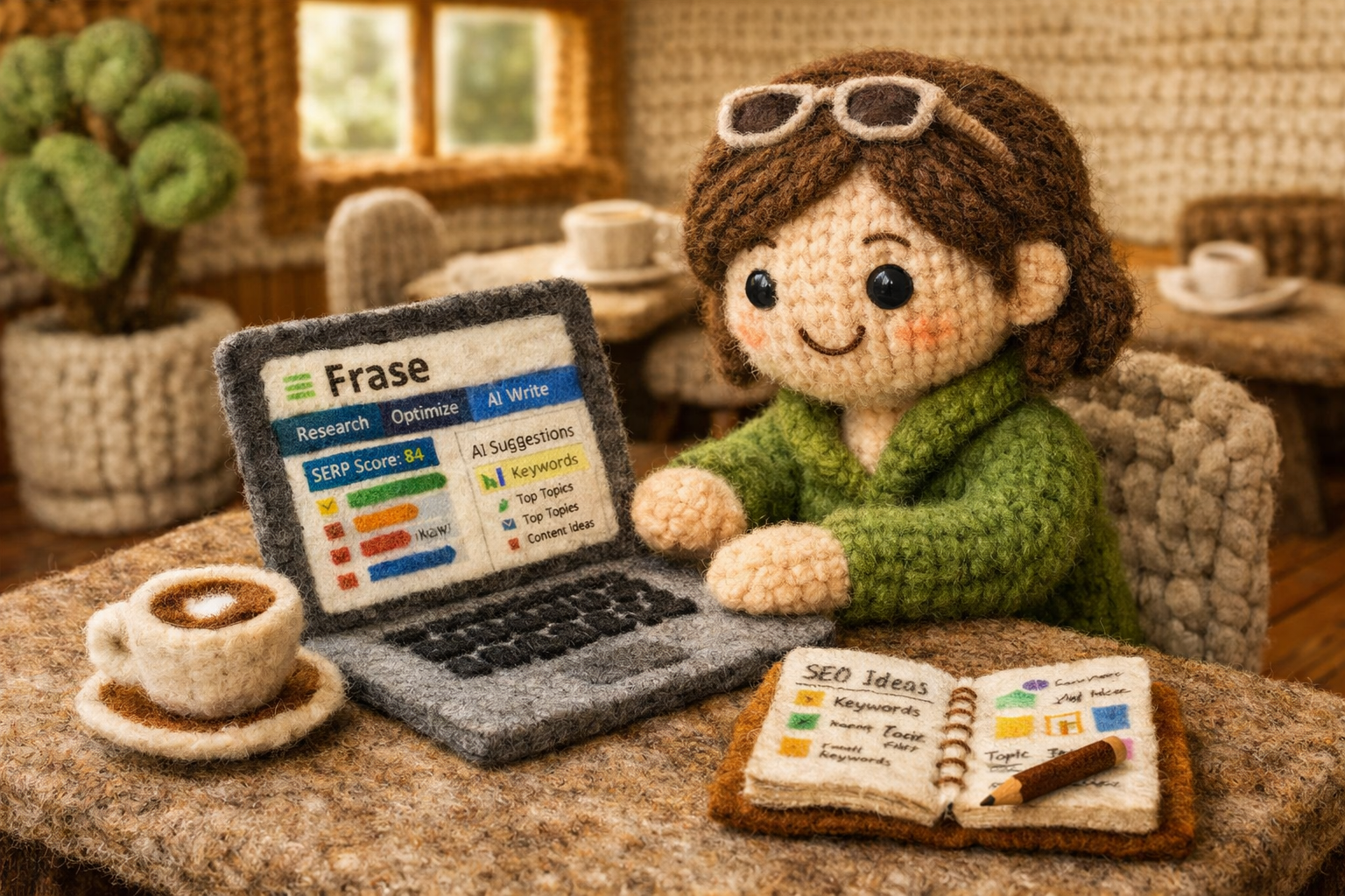 A knitted doll at a felt cafe table, joyfully engaging with an AI SEO tool on a laptop.
