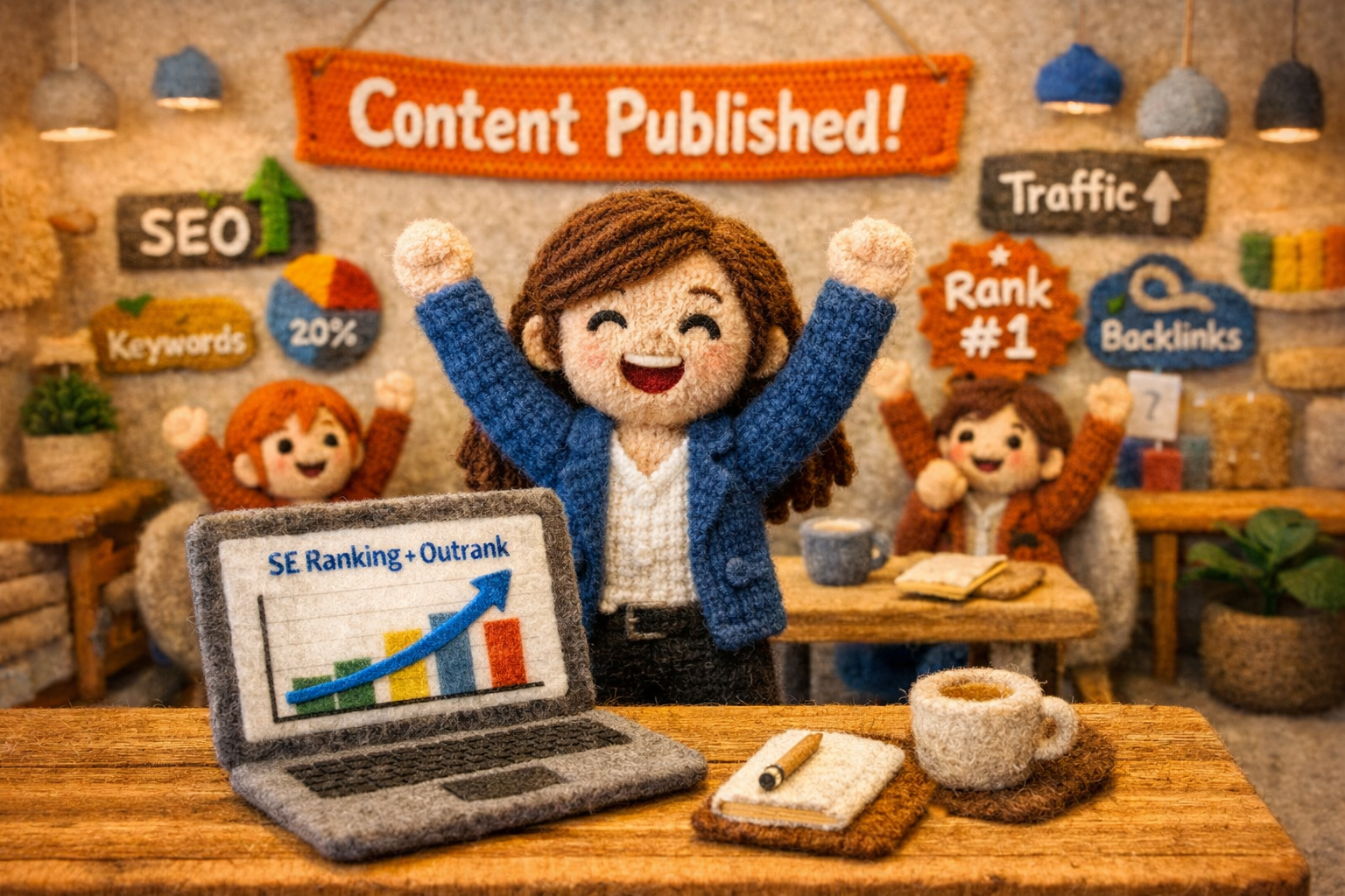 A knitted doll celebrating SEO success in a vibrant felt co-working space.